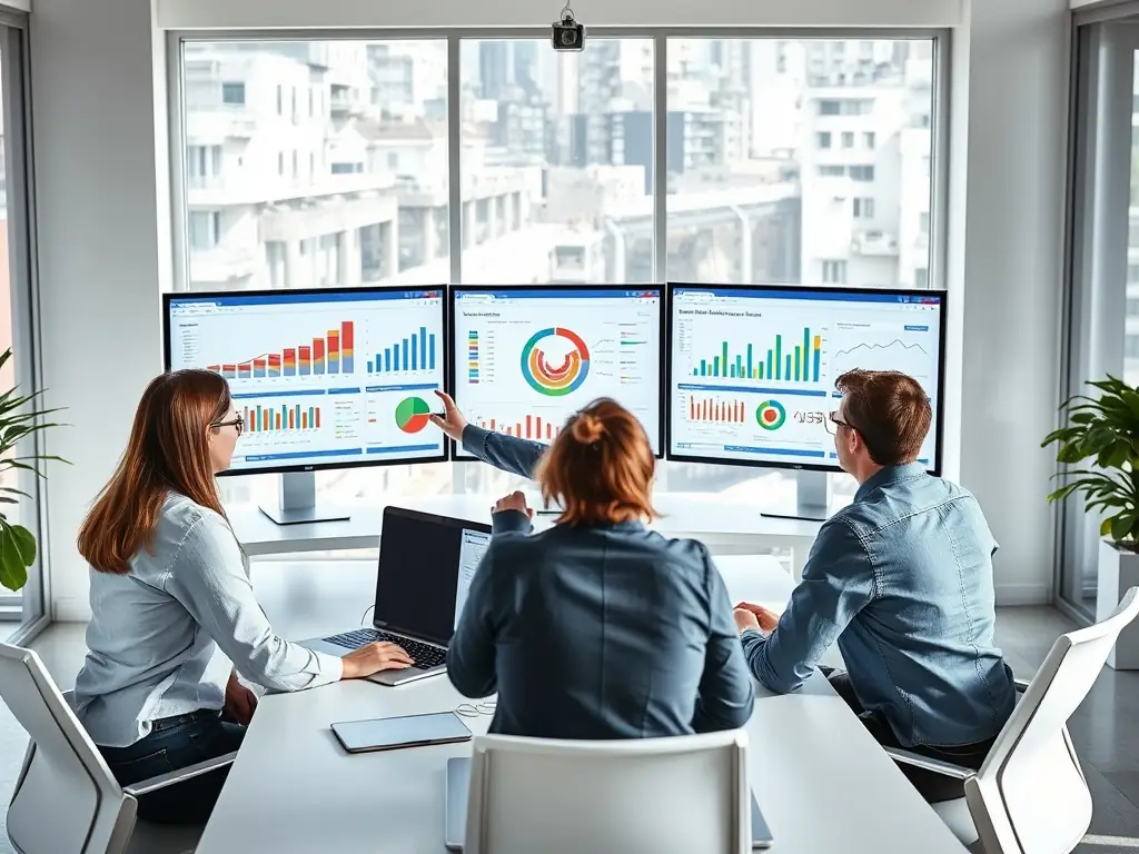 A professional setting with a diverse team collaborating around a large screen displaying data governance metrics and dashboards, emphasizing teamwork and data-driven decision-making.