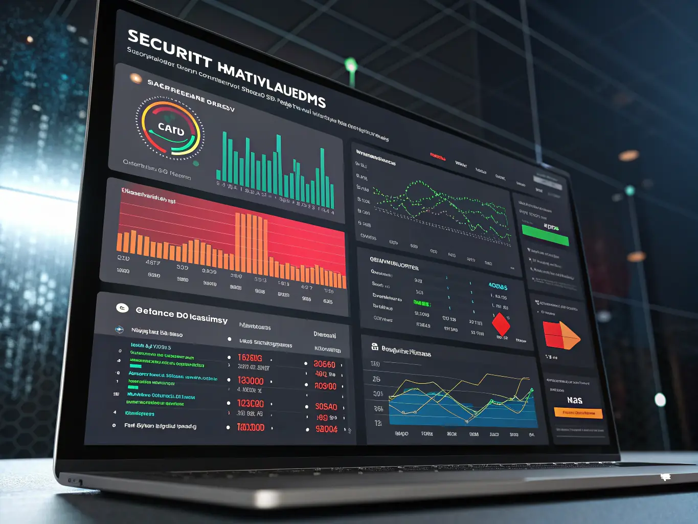 An image of a data dashboard with secure data flows and governance icons, representing Data Strategy & Governance.