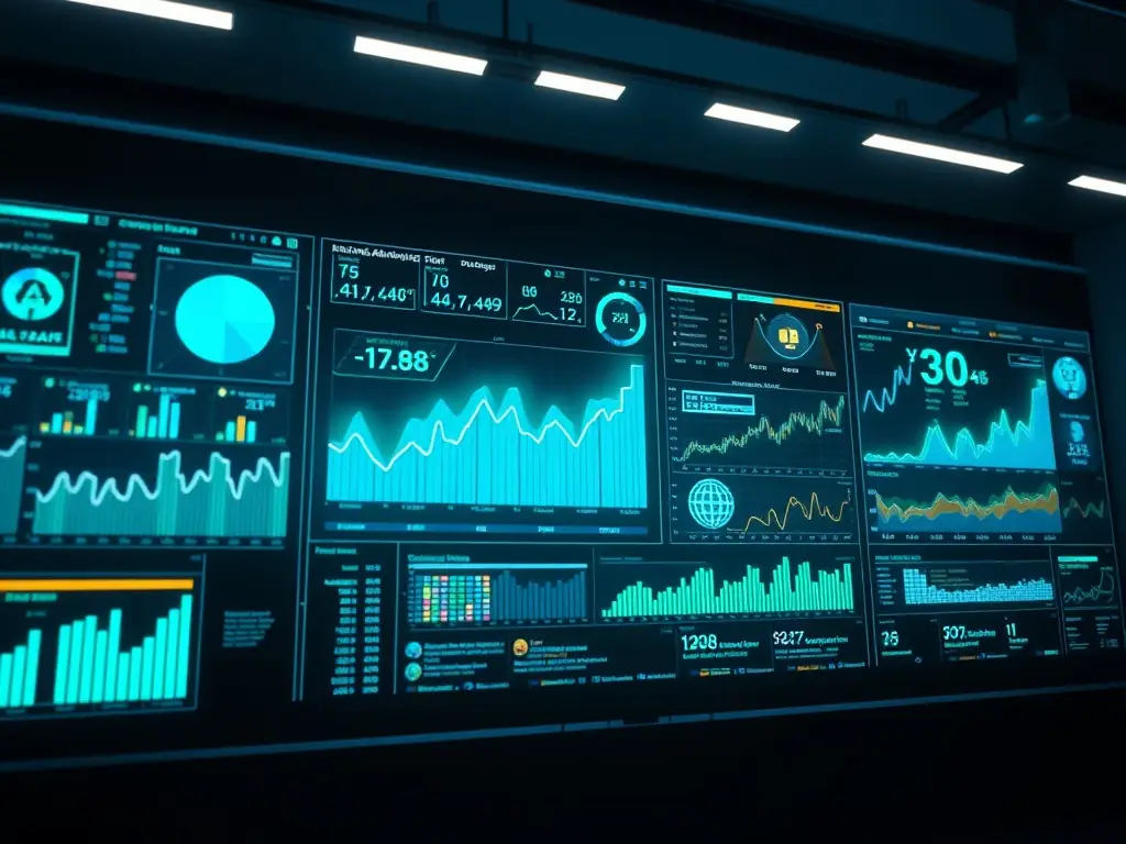 A visually striking image depicting a futuristic AI interface with strategic planning visuals, symbolizing AI Strategy & Governance.