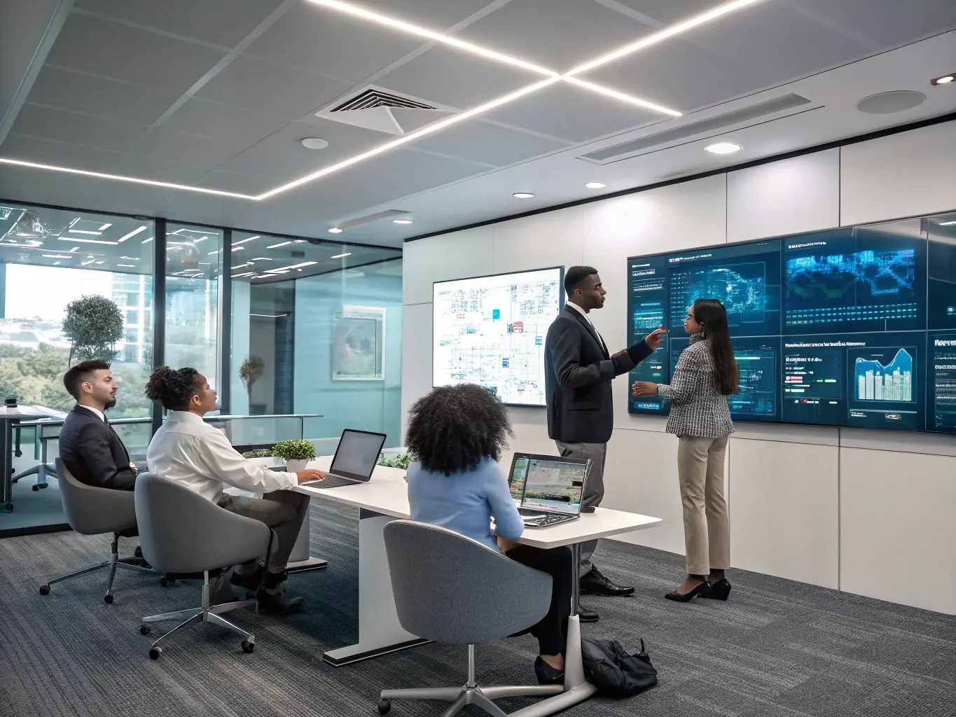 A professional office setting with a diverse team collaborating around a large screen displaying AI accuracy metrics, showcasing the improved precision and reliability achieved through the A3R platform.