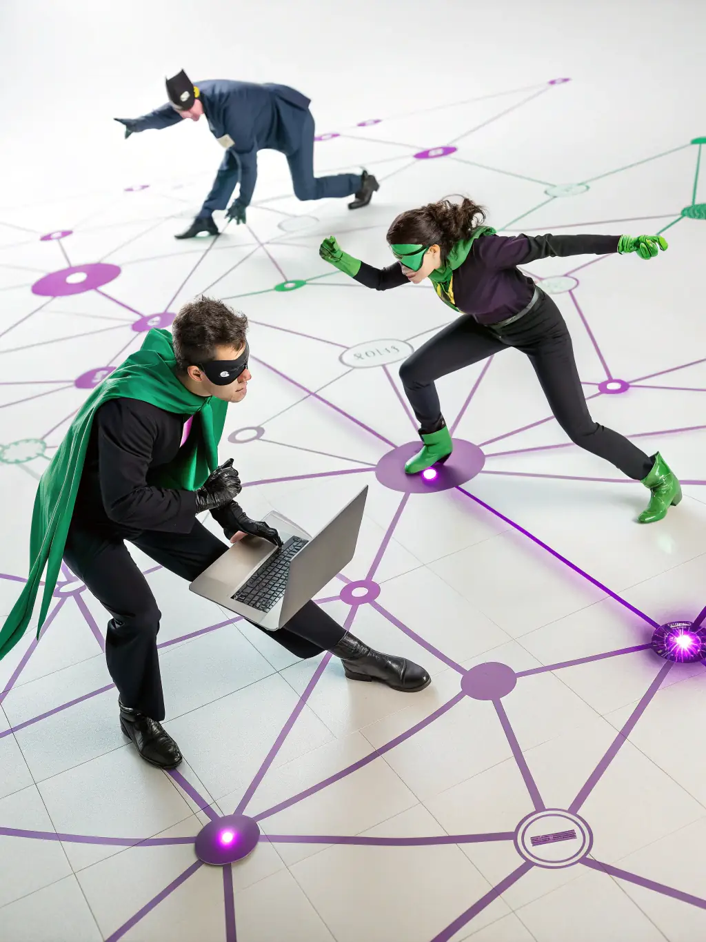 A visual representation of smart data agents, showing them orchestrating and automating data quality and protection tasks within the A3R platform, highlighting efficiency and security.